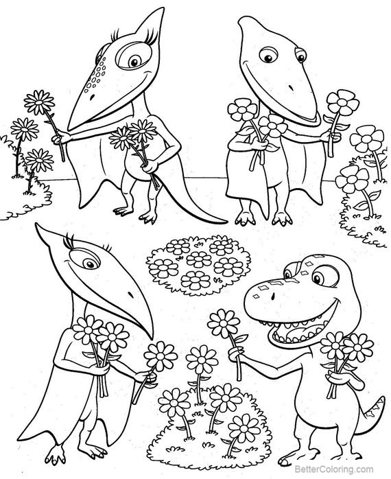 Free Dinosaur Train Coloring Pages with Flowers printable