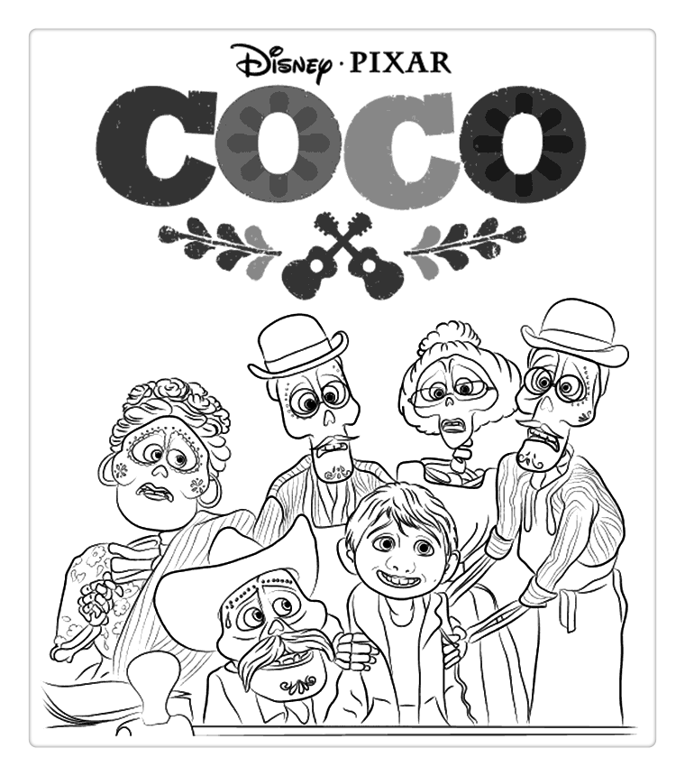 Free Disney Coco Coloring Pages Miguel and Skeleton Family printable