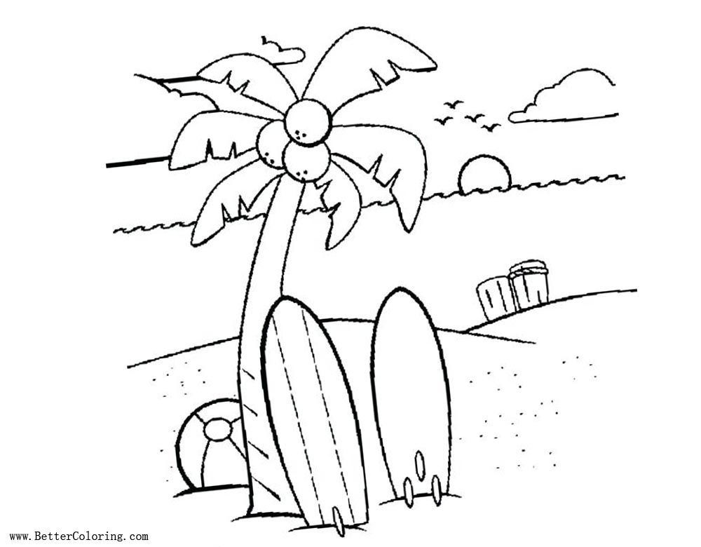Free Palm Tree Coloring Pages with Surfboards printable