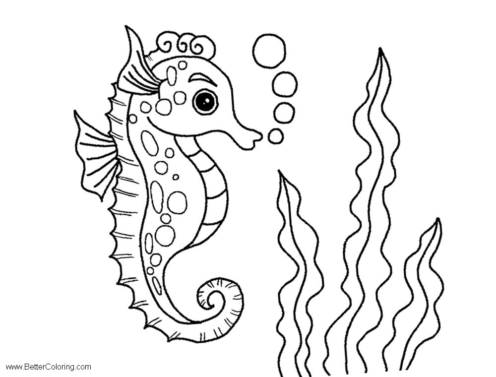 Free Sea Life Under The Sea Coloring Pages Sea Horse with Bubbles printable