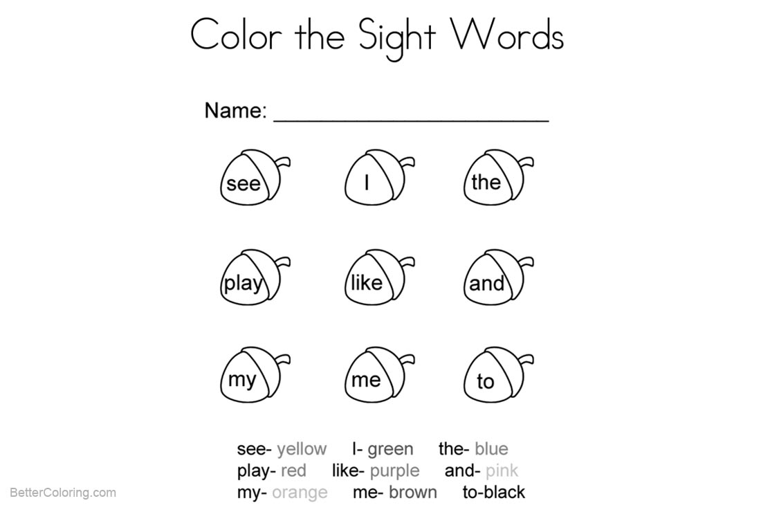 Free Sight Word Coloring Pages Acorns printable