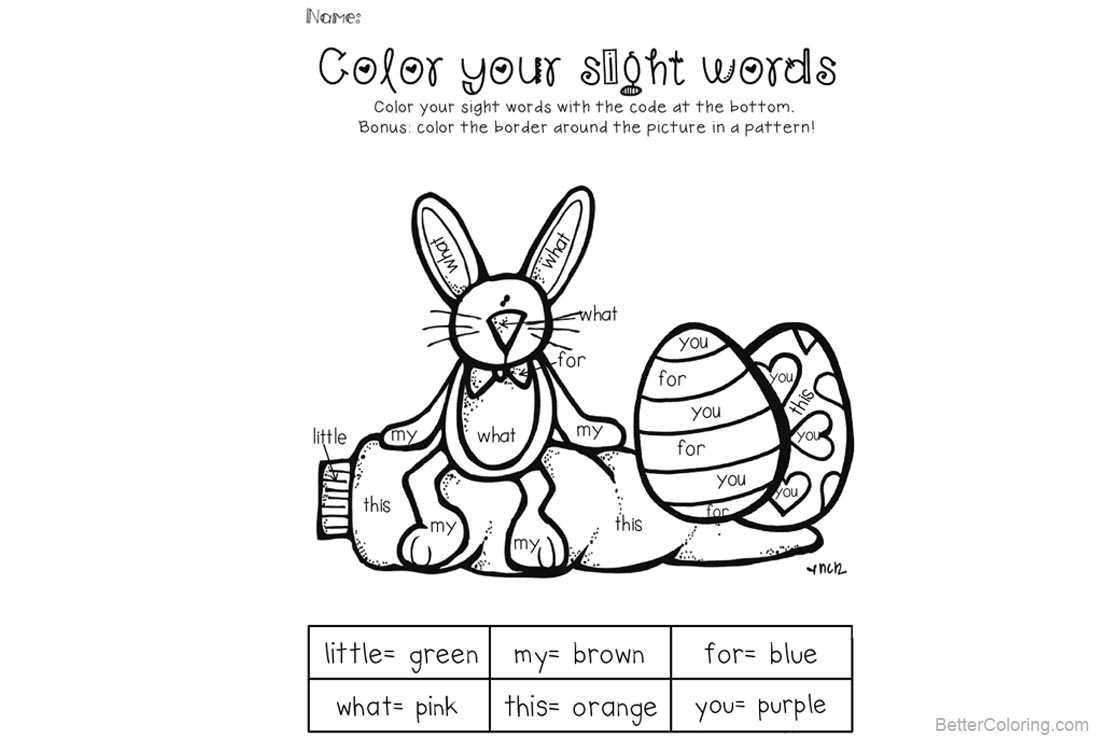 Free Sight Word Coloring Pages Bunny and Eggs printable