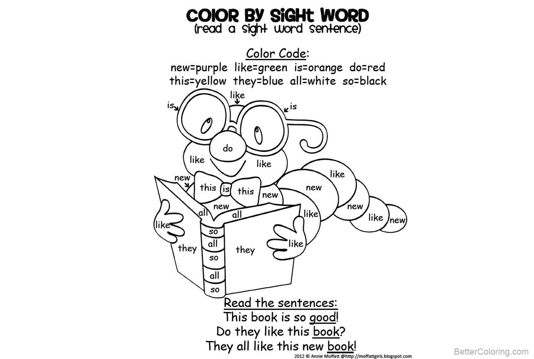 Sight Word Coloring Pages Caterpillar Reading Book - Free ...