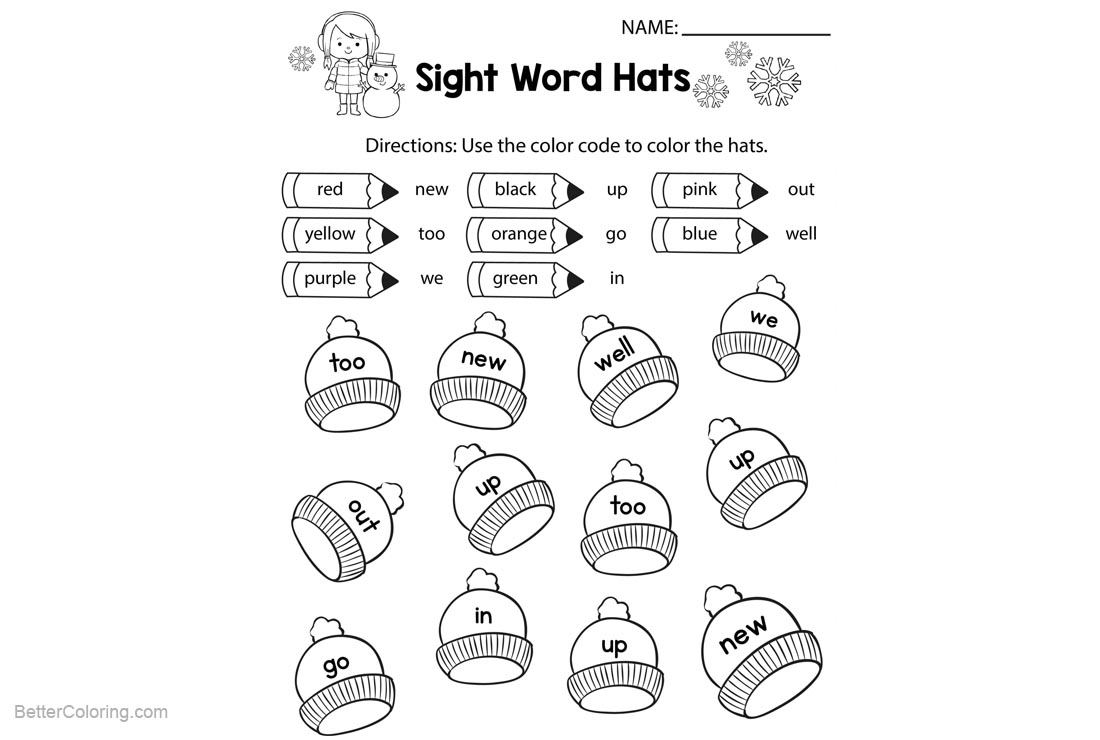 Free Sight Word Coloring Pages Hats printable