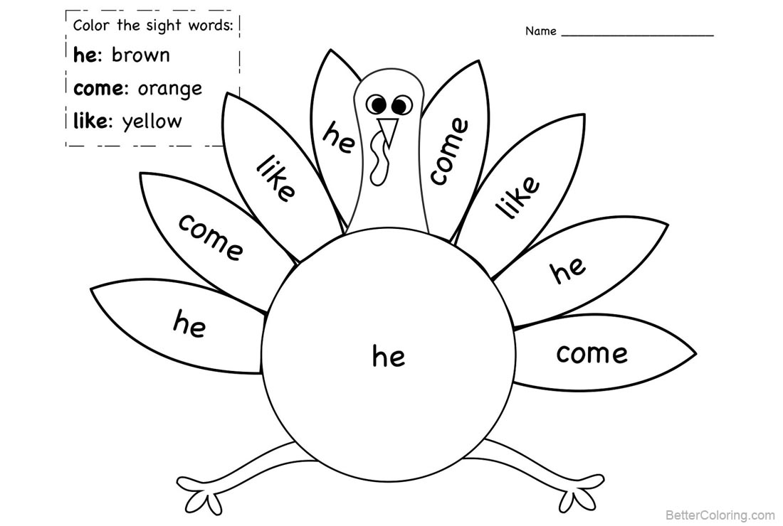 Free Sight Word Coloring Pages Turkey Lineart printable