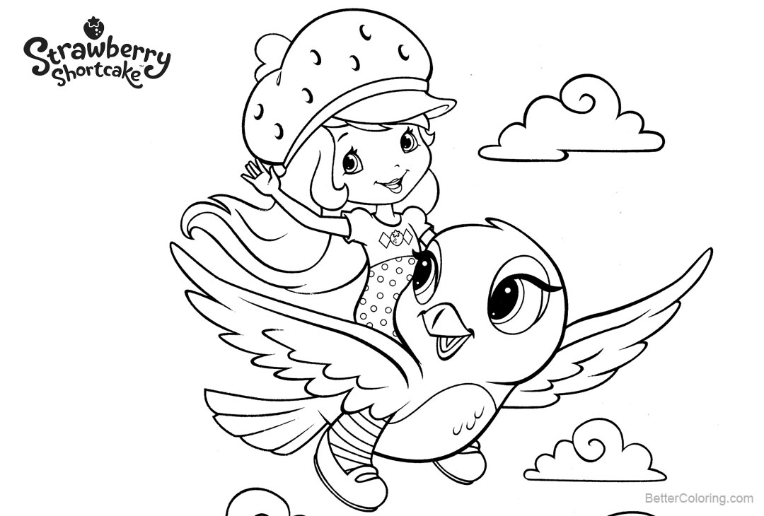 Free Strawberry Shortcake Coloring Pages Flying on A Bird printable