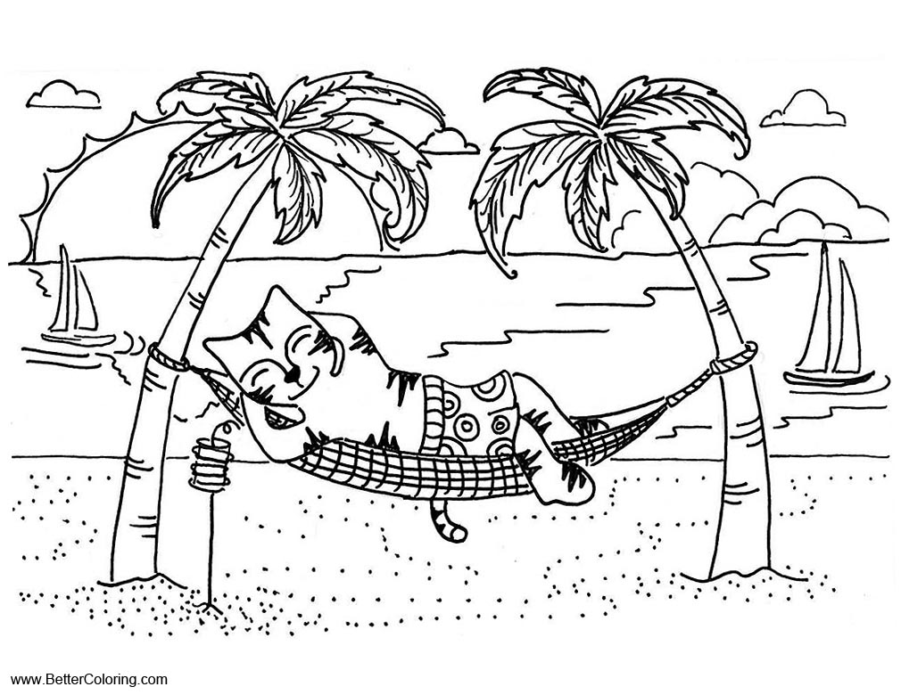 Free Summer Fun Coloring Pages Cat Palm Tree and Beach printable
