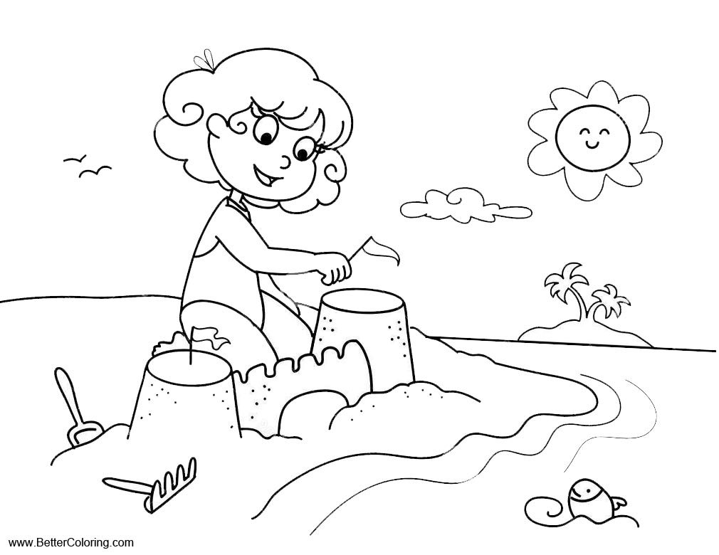 Free Summer Fun Coloring Pages Girl Play on The Beach printable