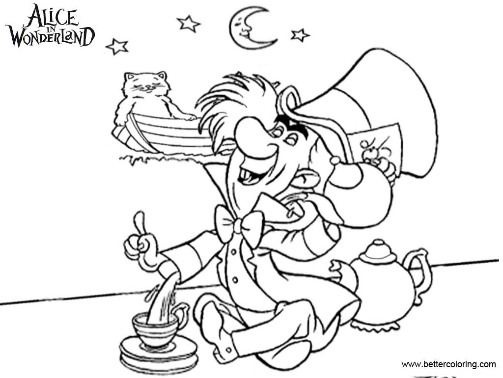 Free Alice In Wonderland Coloring Pages Tea Party with Stars and Moon printable