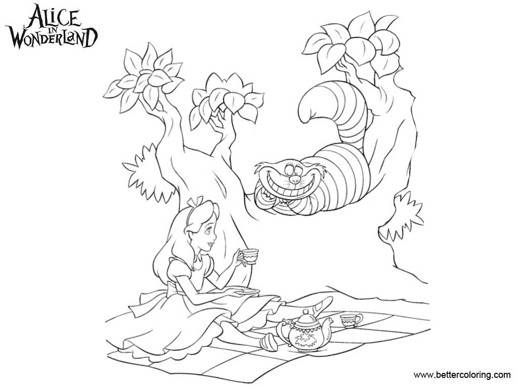 Free Alice In Wonderland Tea Party Coloring Pages Line Drawing printable
