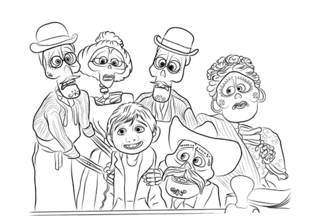 Free Disney Movie Coco Coloring Pages Characters Miguel and Skeleton Family printable