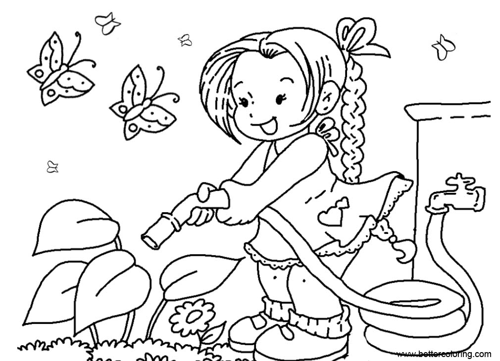 Garden Coloring Pages Girl Watering Flowers - Free Printable Coloring Pages