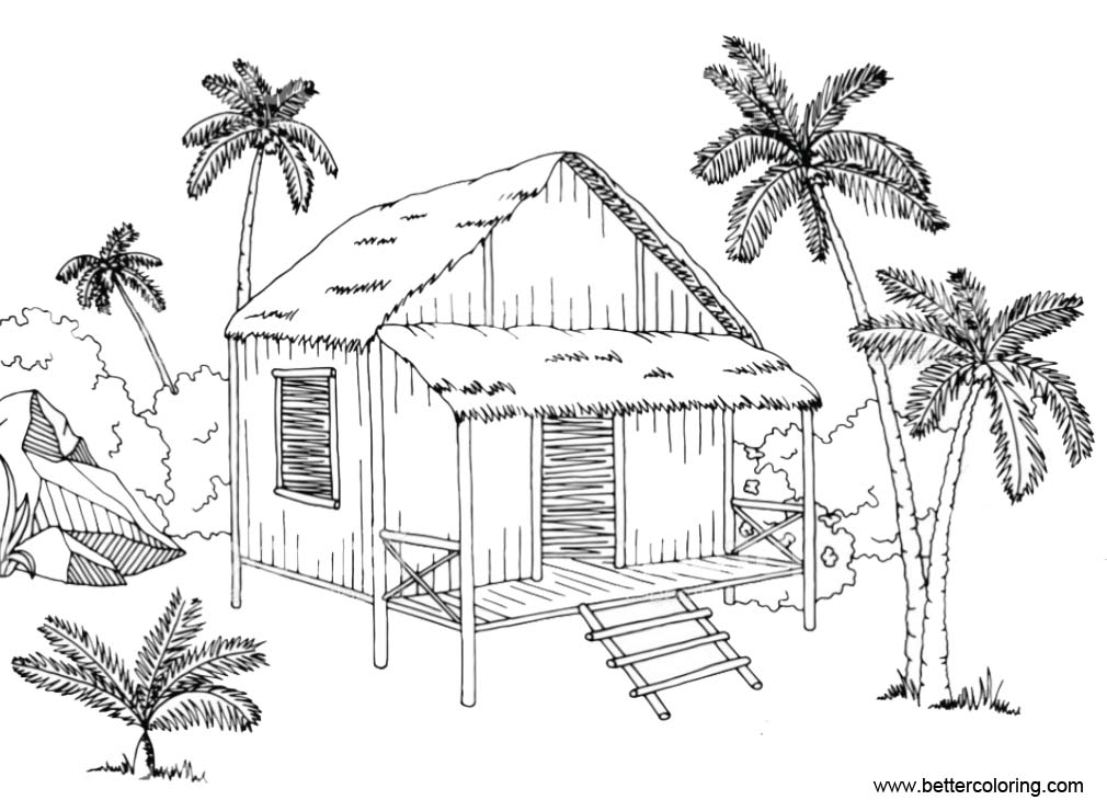 Free Jungle Coloring Pages Hut House printable