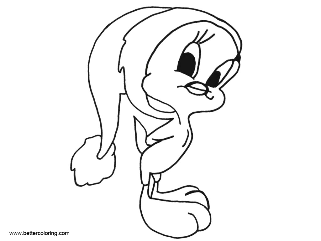 Free Tweety Bird Coloring Pages in Christmas Hat printable