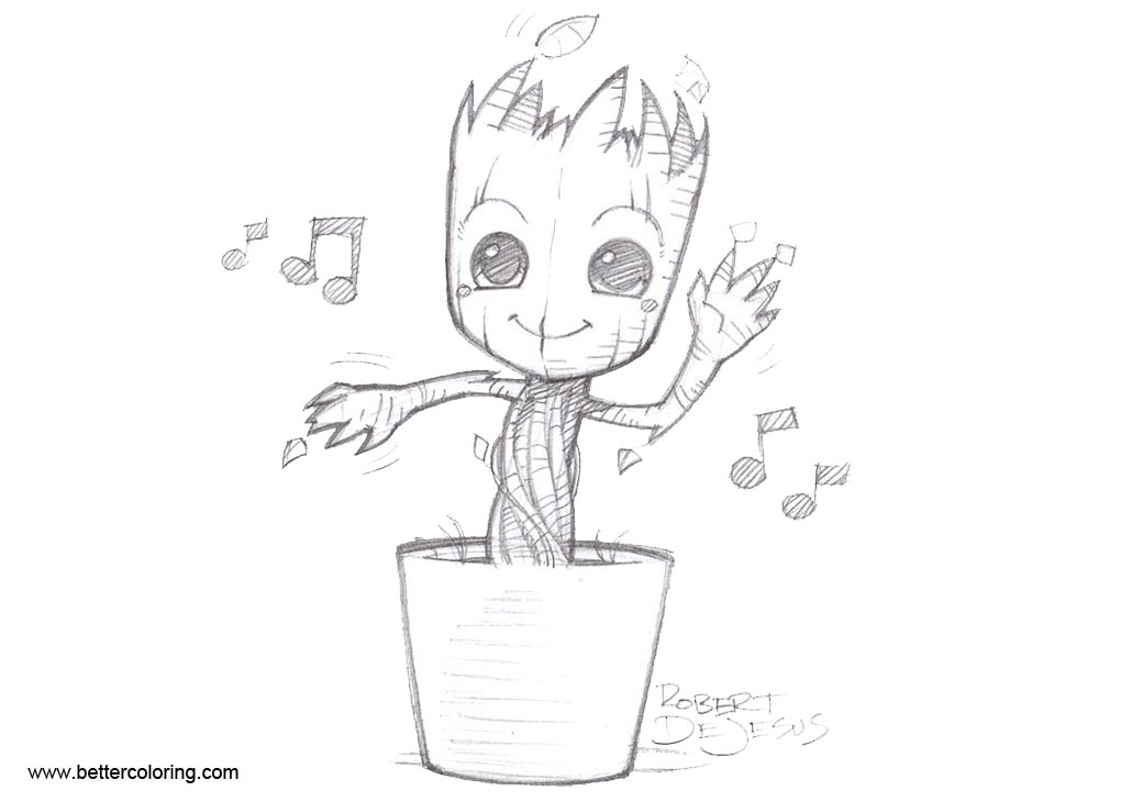 Baby Groot Coloring Pages Dancing in the Pot - Free Printable Coloring