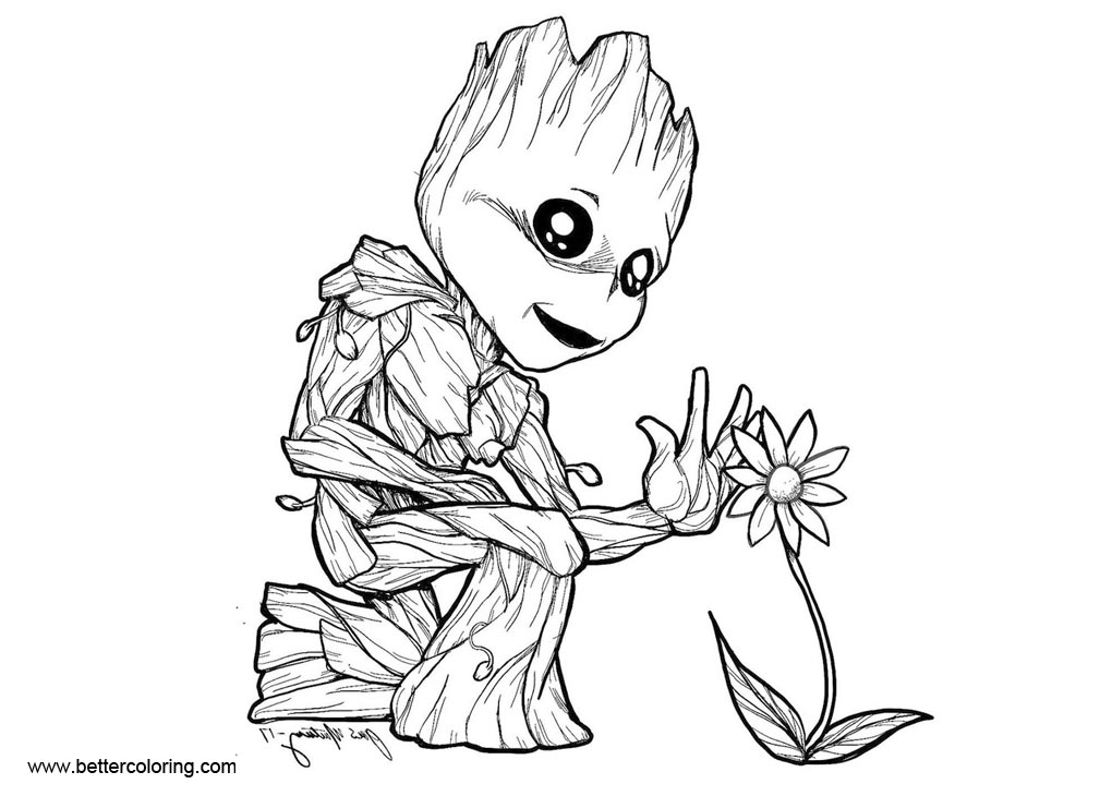 Baby Groot Coloring Pages with Flower - Free Printable Coloring Pages