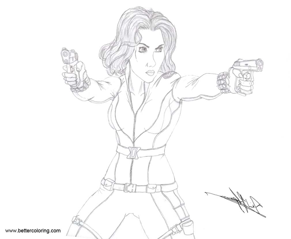 Free Black Widow Coloring Pages with Guns printable