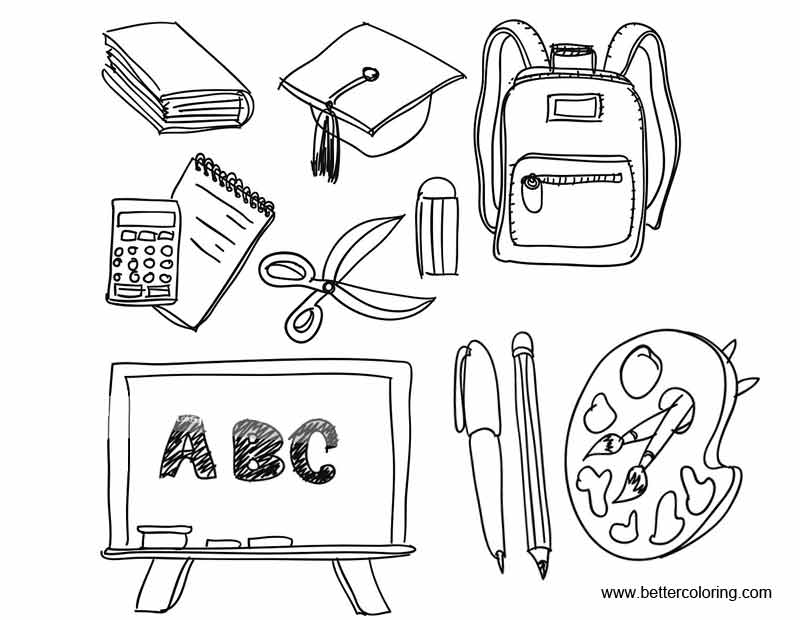 Free Black and White School Supplies Coloring Pages printable
