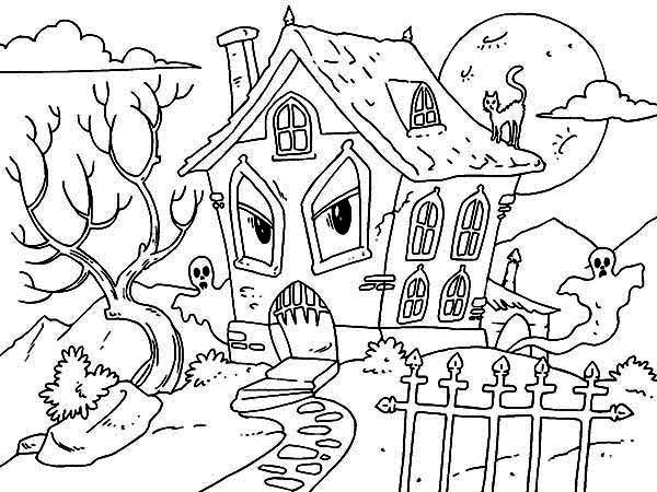 Free Haunted House Coloring Pages Cartoon Drawn printable