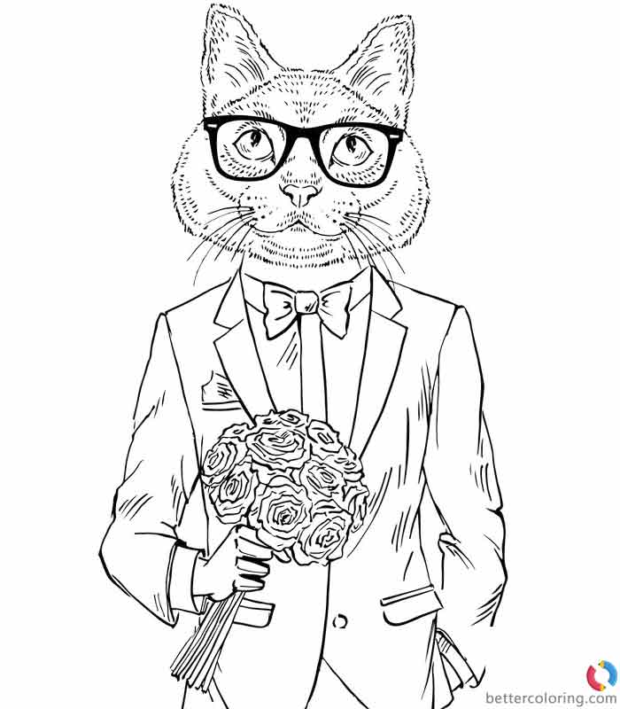 Free Hipster Coloring Pages Catman with Flowers printable