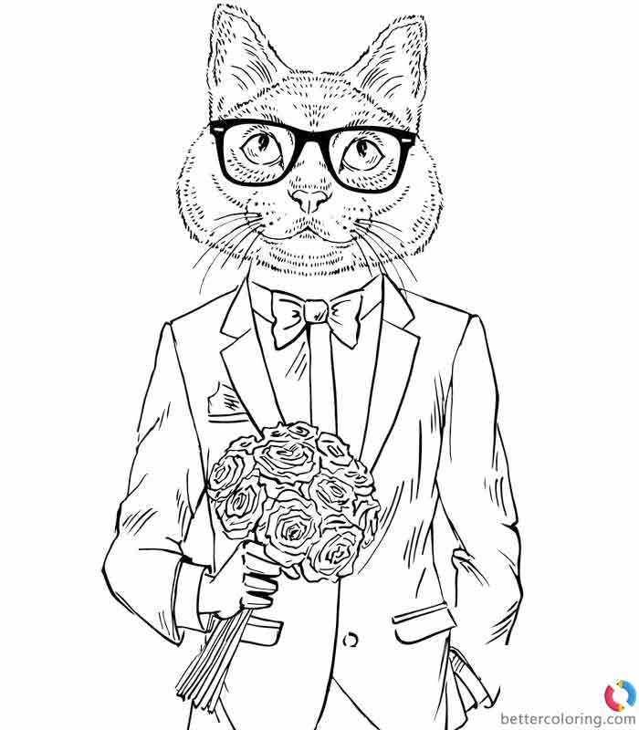 Hipster Coloring Pages Catman with Flowers - Free Printable Coloring Pages