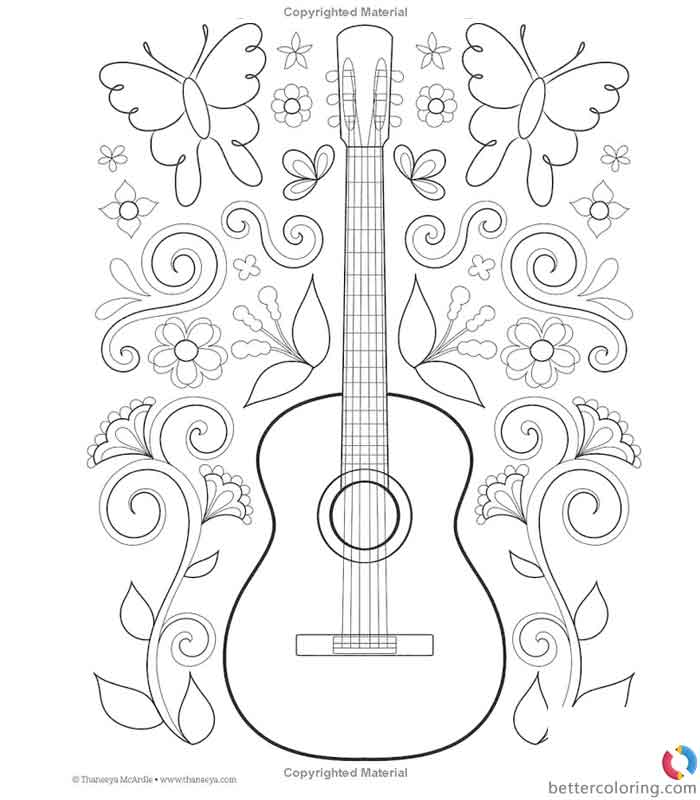 Free Hipster Coloring Pages with Guitar printable