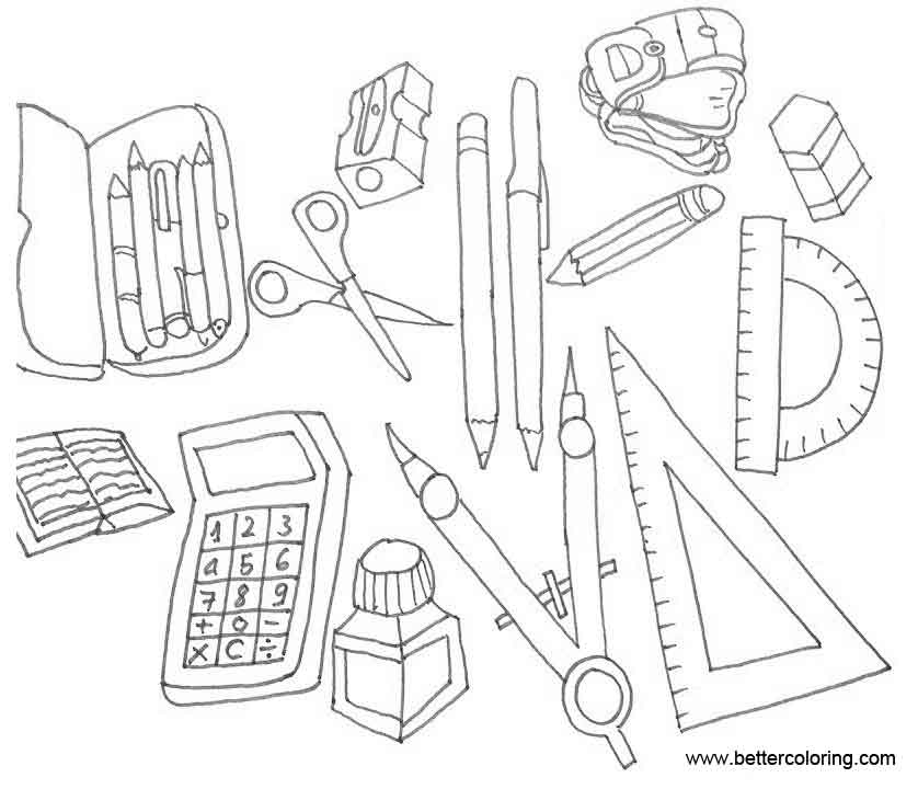 Free School Supplies Coloring Pages Black and White printable