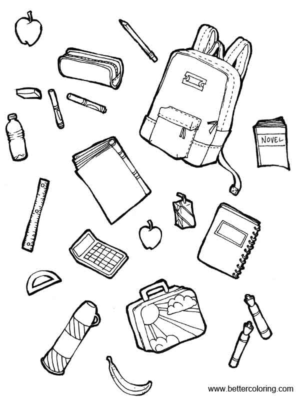 Download School Supplies Coloring Pages with Foods - Free Printable Coloring Pages