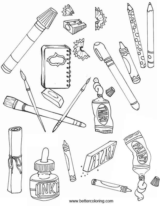 School Supplies Coloring Pages With Painting Tools Free Printable