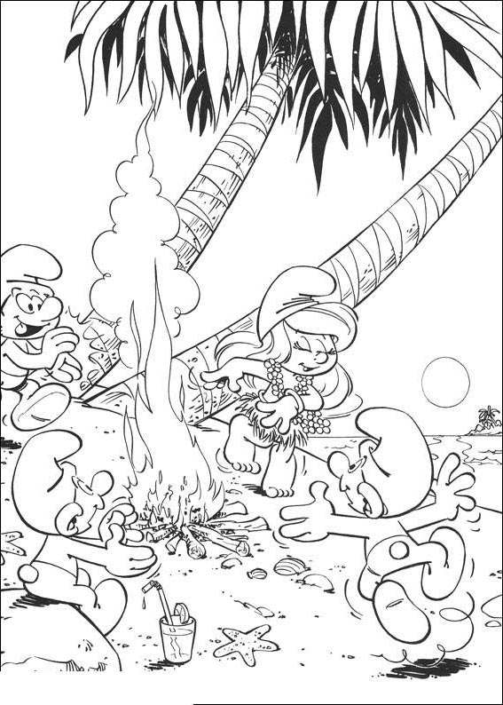 Free Smurfs Coloring Pages Under Coconut Trees printable