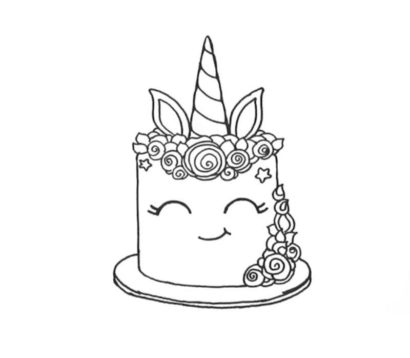 Smiling Unicorn  Cake  Coloring  Pages  Free Printable 