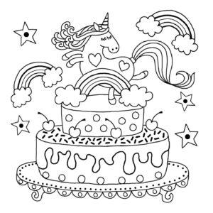 Free Unicorn Cake Coloring Pages Lineart printable