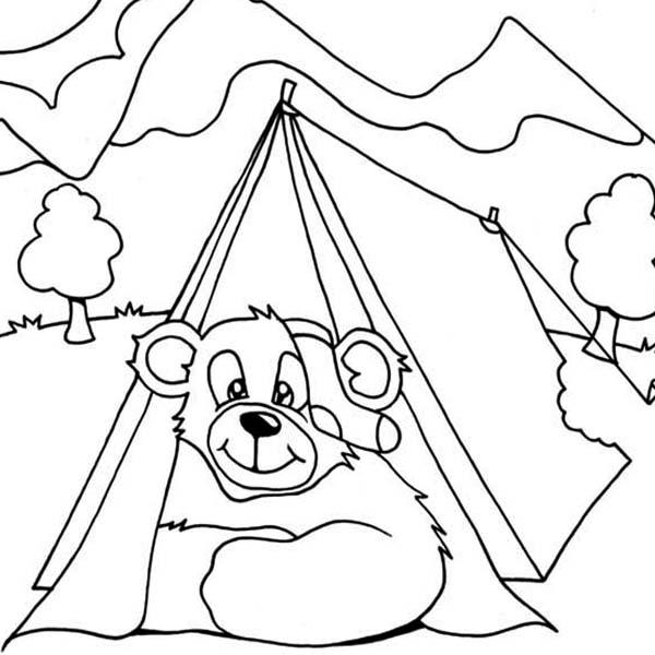 Camping Coloring Pages Bear in Tent Free Printable