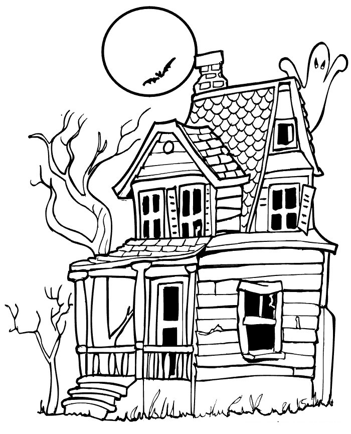 Free Spooky Coloring Pages Haunted House And Moon printable