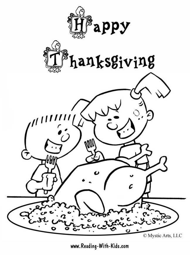 Free Kids Eating Thanksgiving Food Coloring Pages printable