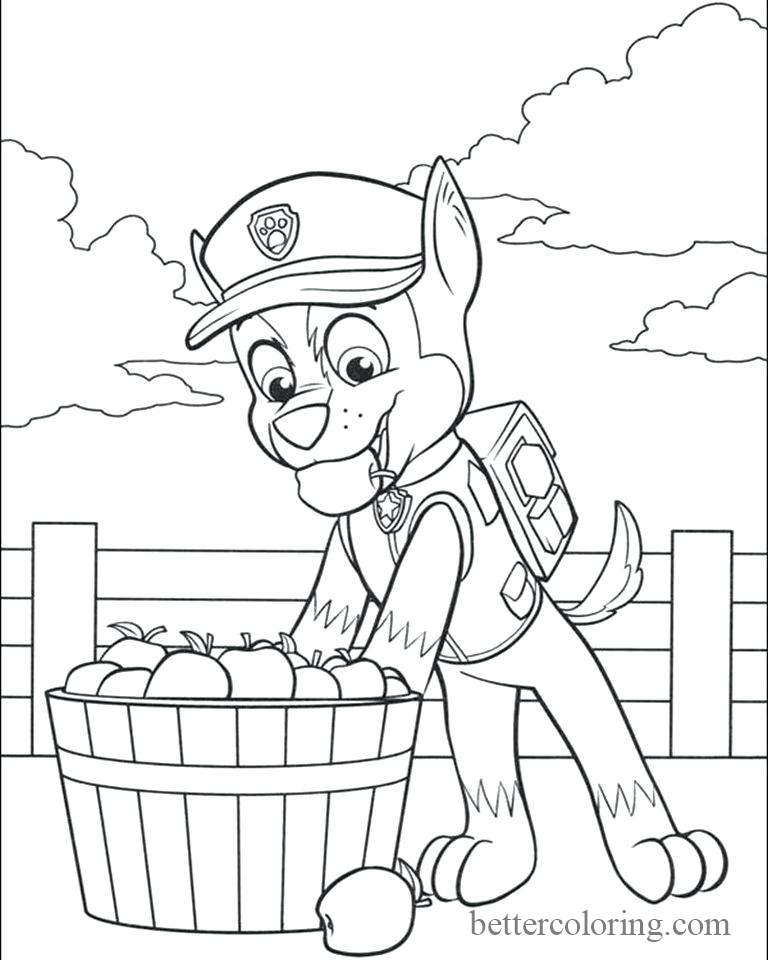 Free Paw Patrol Thanksgiving Coloring Pages Chase and Apples printable