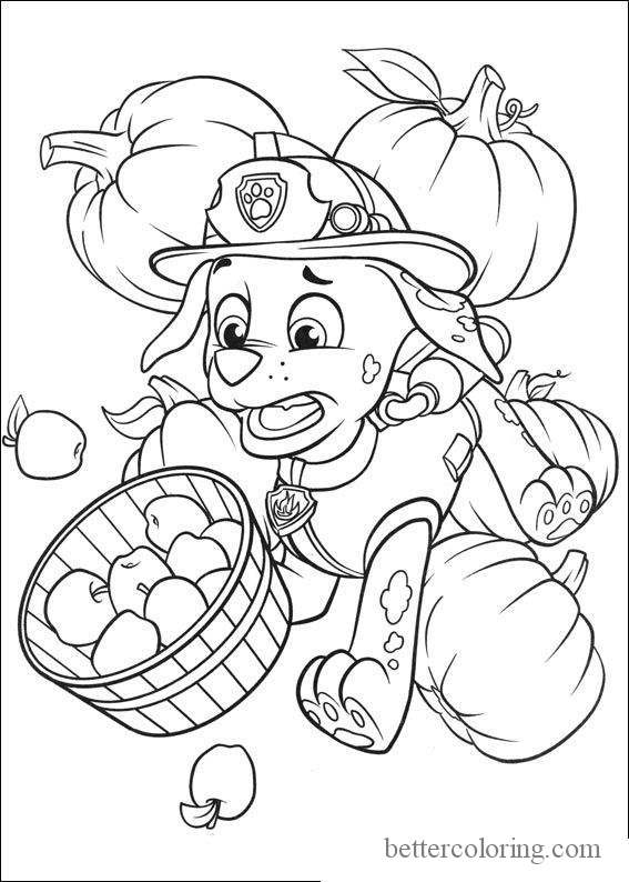 Free Paw Patrol Thanksgiving Coloring Pages with Apples printable