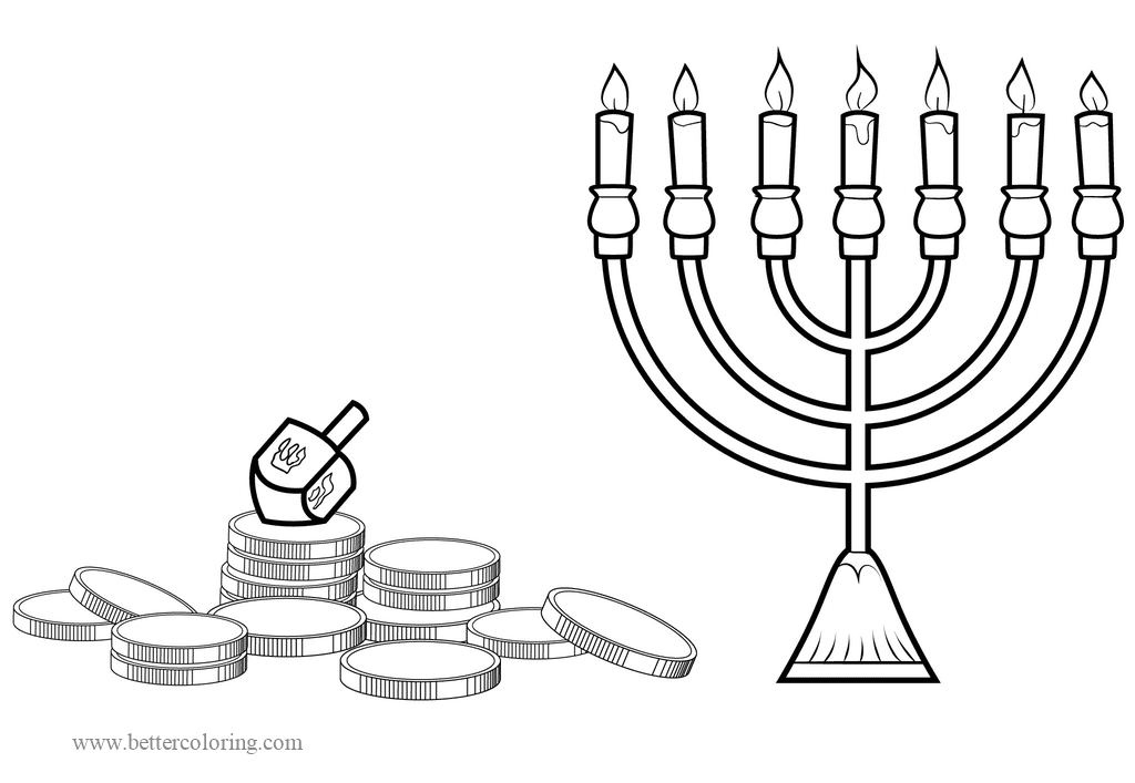 Free Candles Coins and Dreidel Coloring Pages printable