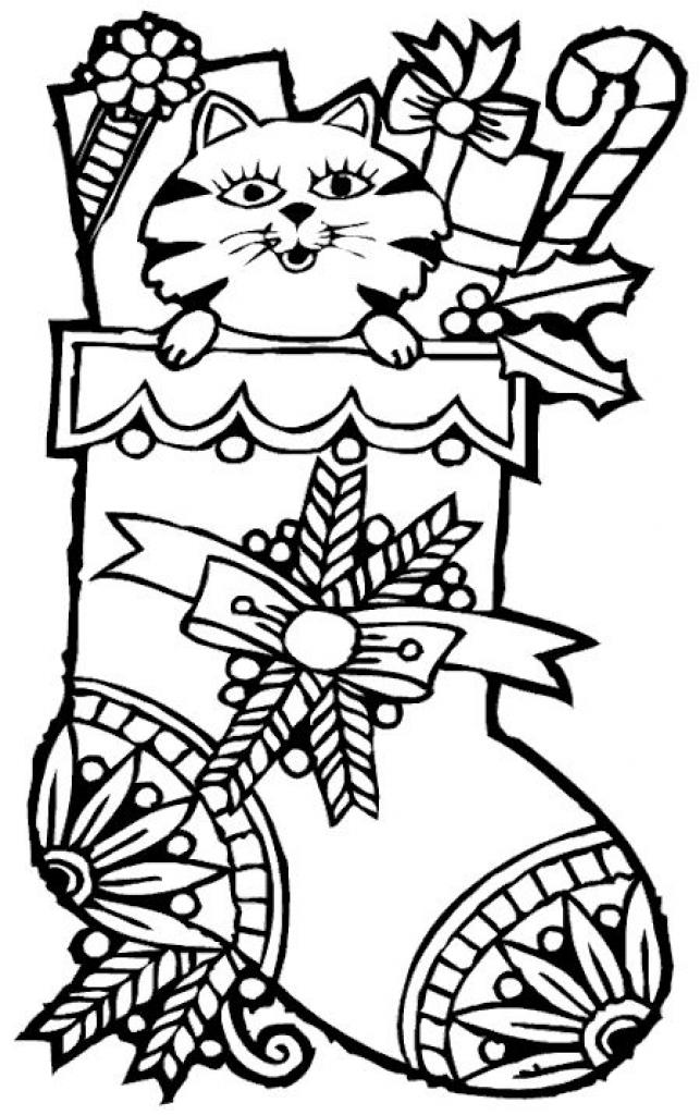 Free Cat and Stocking Coloring Pages printable