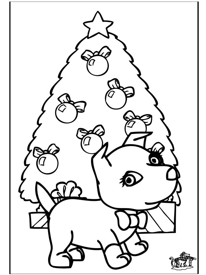 Free Christmas Dog in Front of Christmas Tree Coloring Pages printable