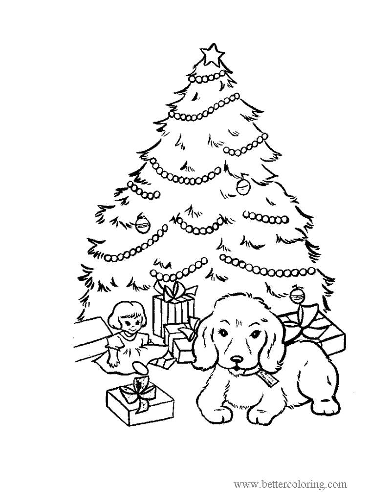 Free Christmas Tree and Christmas Dog Coloring Pages printable