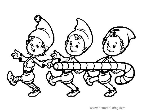 Free Elf On The Shelf Elves and Candy Cane Coloring Pages printable