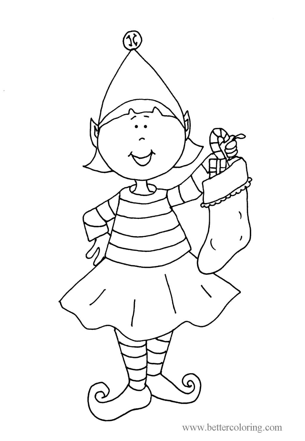 Free Elf On The Shelf Girl with Stocking Coloring Pages printable