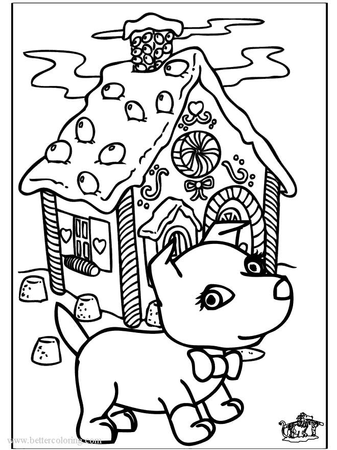 Free Gingerbread House and Christmas Dog Coloring Pages printable