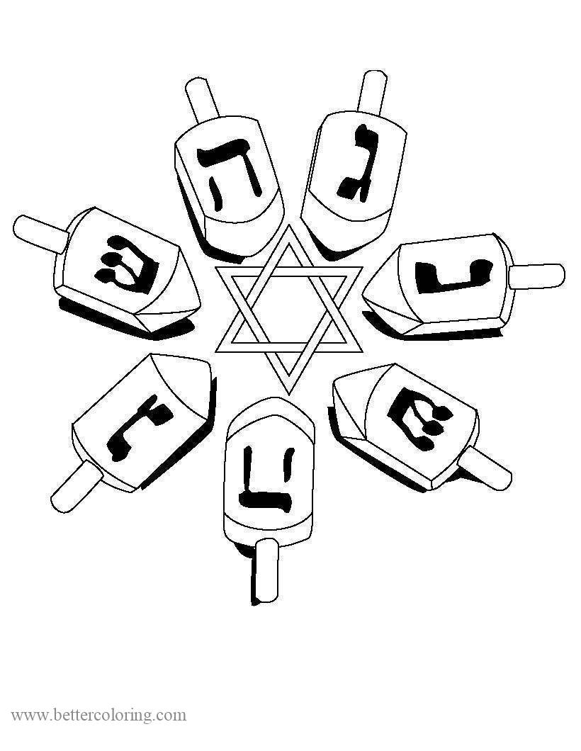 Free Six Hanukkah Dreidels Coloring Pages printable