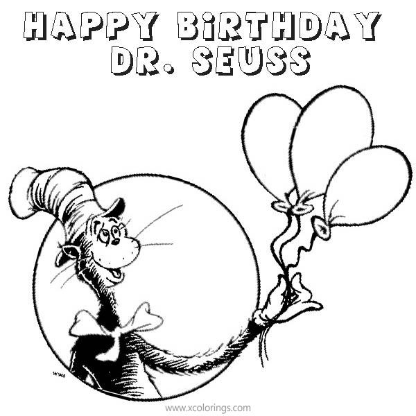 Free Happy Birthday Dr Seuss Coloring Pages Cat In The Hat and Balloons printable